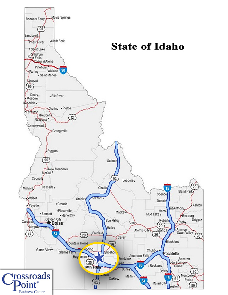 Map illustration spotlighting Crossroads Point's south-central Idaho location