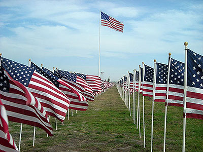 Looking down rows of American flags with large flag at Crossroads Point's Patriot Day Healing Field